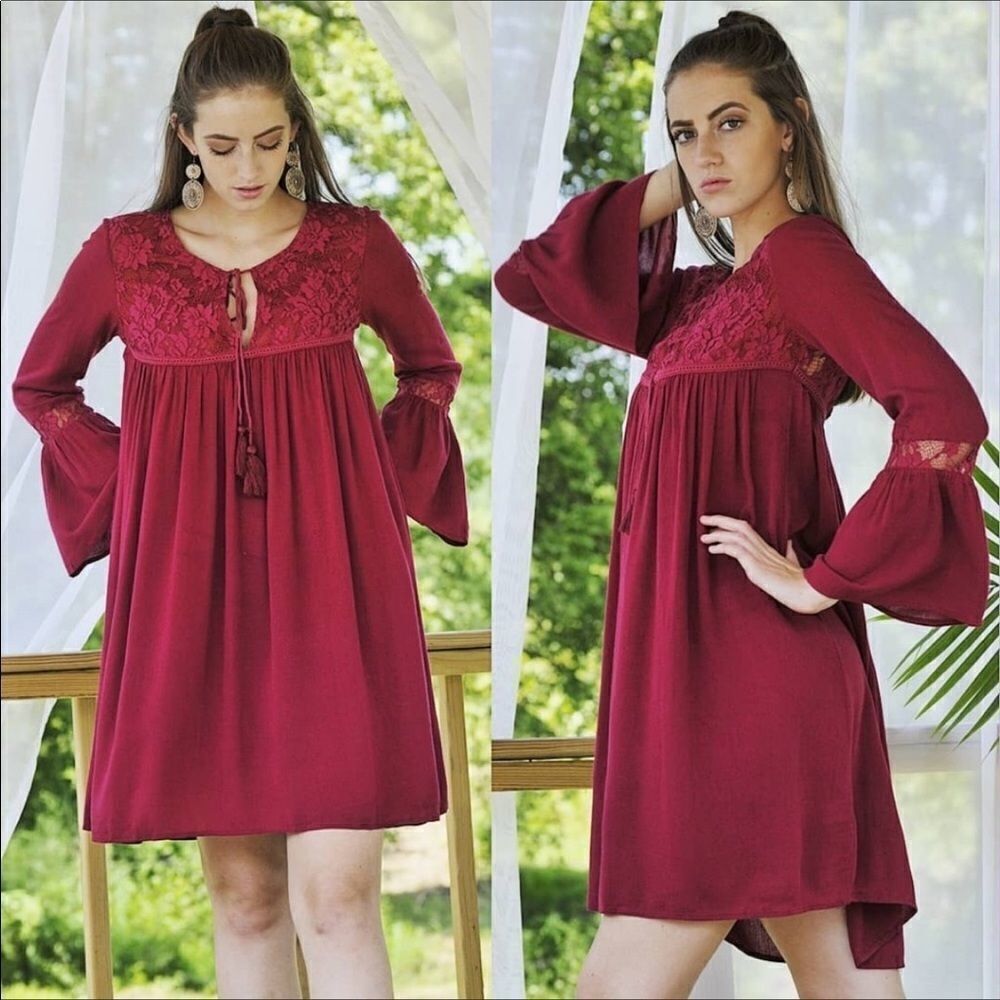 Burgundy M Tunic Dress Tassel Tie Lace Details Bell Sleeves Back Keyhole - Picture 2 of 4